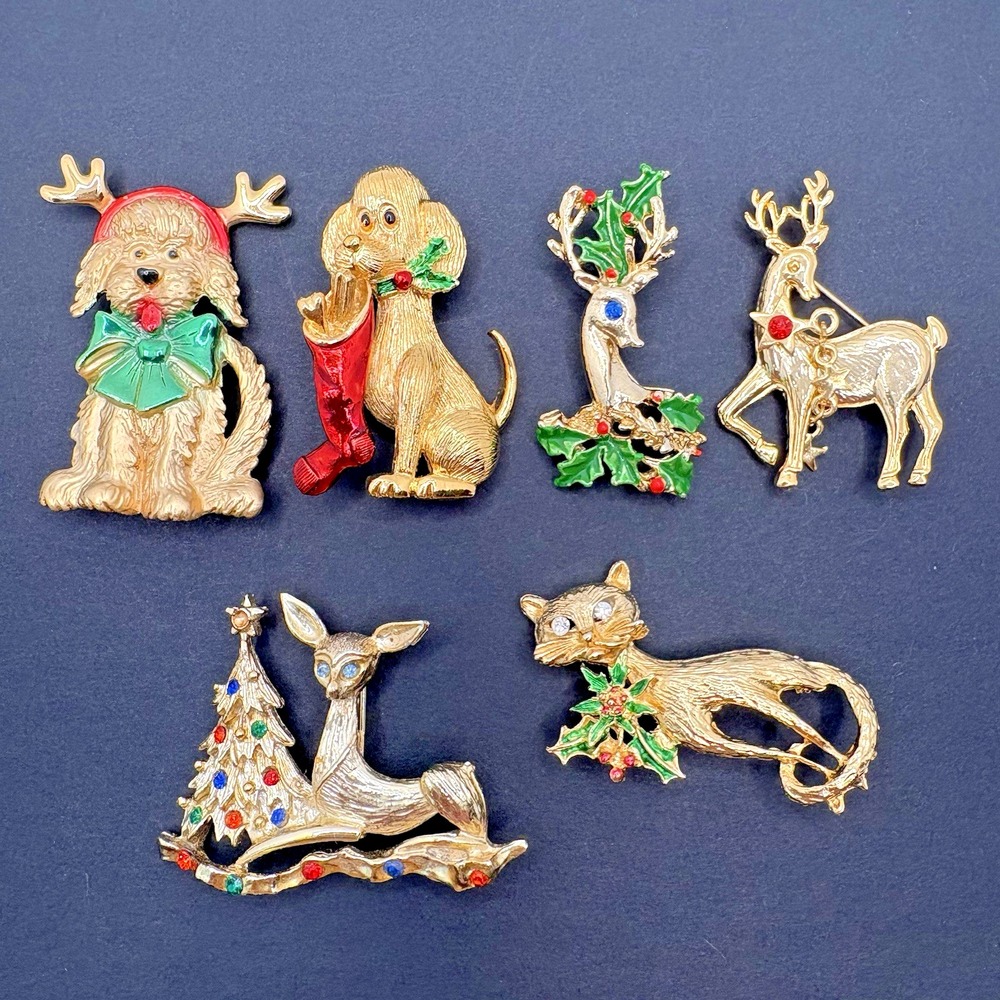 Vintage Christmas Deer Cat Dog Brooches Lot of 6 Holiday Retro Rhinestone Enamel